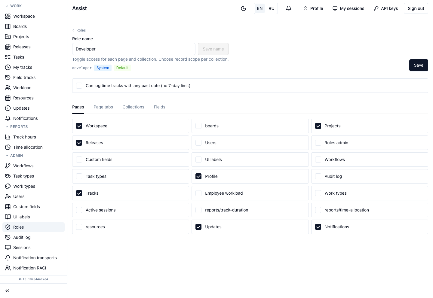 Role permissions: pages