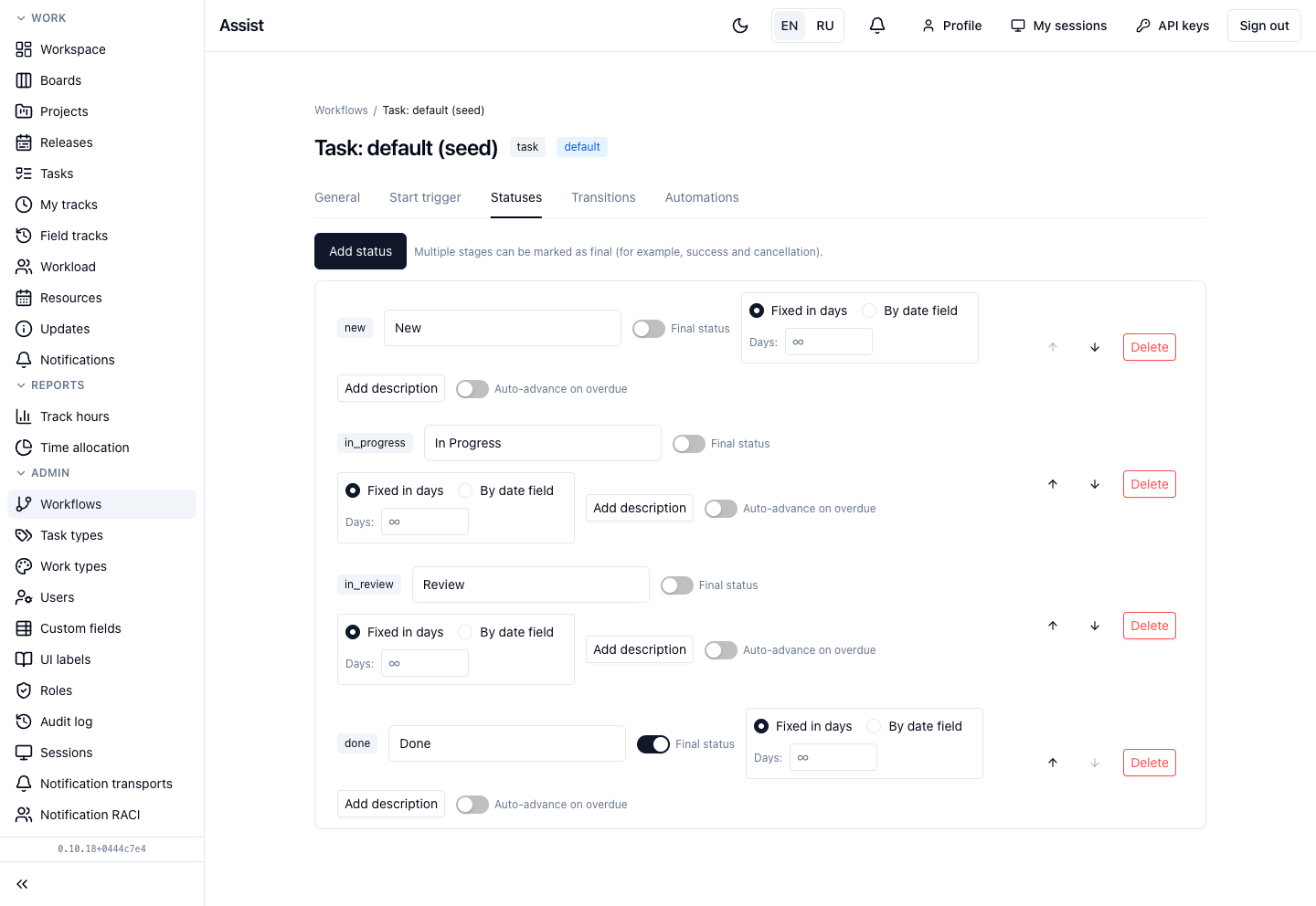 Workflow, “Statuses” tab