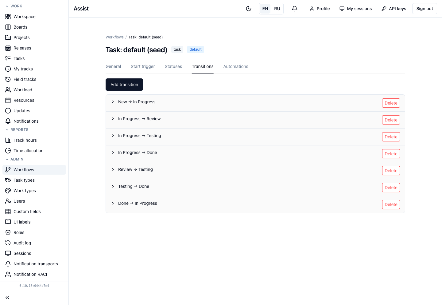 Workflow, “Transitions” tab